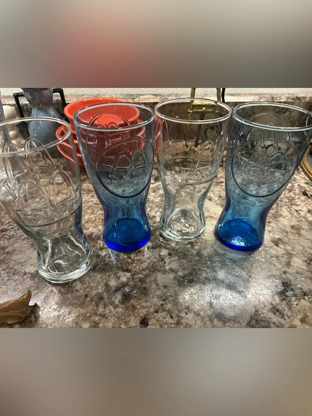 Set of 4 McDonalds Embossed Retro Glass Drinking Tumblers - Clear and Blue